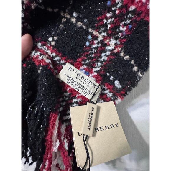 NWT Burberry London Black Red Wool Scarf Muffler 60in by 8in - Picture 7 of 7